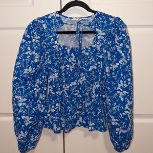 NAKD blue floral blouse with scalloped square neckline and balloon sleeves